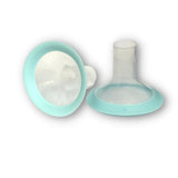 Two clear silicone medical flanges with blue rims, shown on a white background.