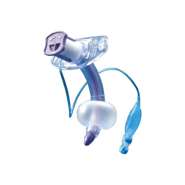 Disposable tracheostomy tube with cuff and blue inflation line on white background