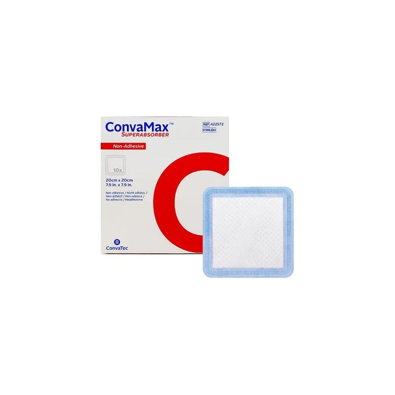 ConvaMax Superabsorber non-adhesive wound dressing with product box, 20cm x 20cm size