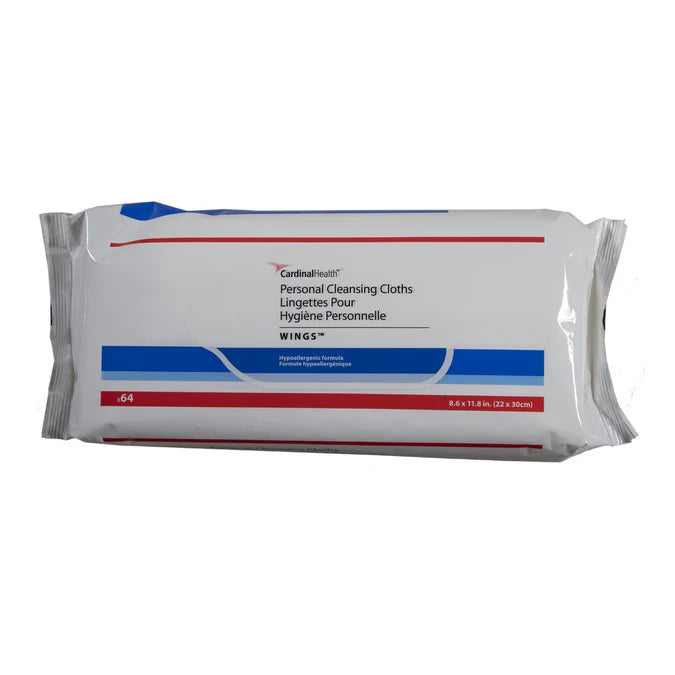 Package of Cardinal Health personal cleansing cloths, 64 count, hypoallergenic wipes