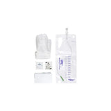 Disposable catheterization kit with catheter bag, gloves, wipes, and underpad on white background
