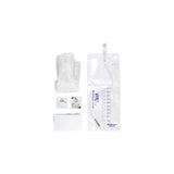 Sterile urinary drainage bag kit with gloves, wipes, and medical supplies on white background