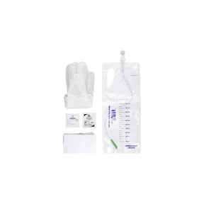 Sterile urinary drainage bag kit with gloves, wipes, and medical supplies on white background