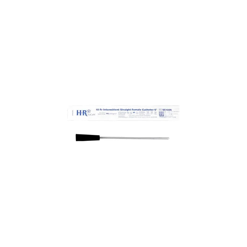 10 Fr intermittent straight female catheter with black grip, sterile packaging, medical supply