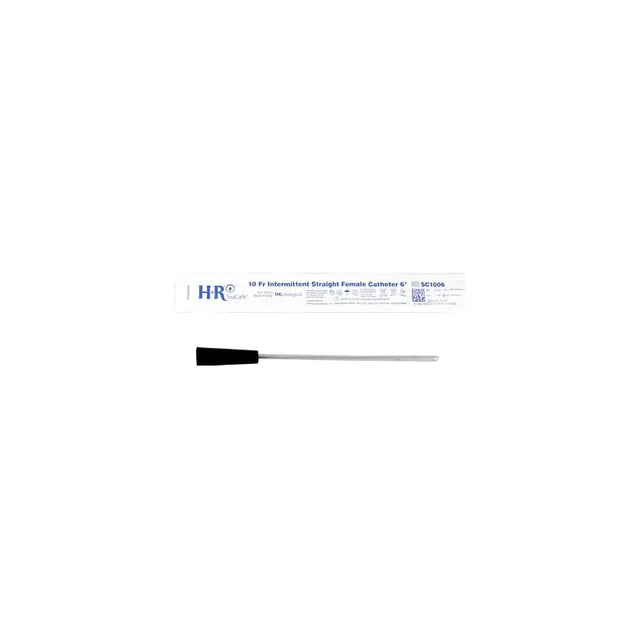 10 Fr intermittent straight female catheter with black grip, sterile packaging, medical supply