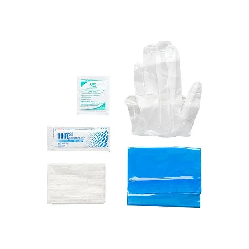 Disposable medical supply kit with gloves, antiseptic wipe, gauze pad, lubricating jelly, blue pad