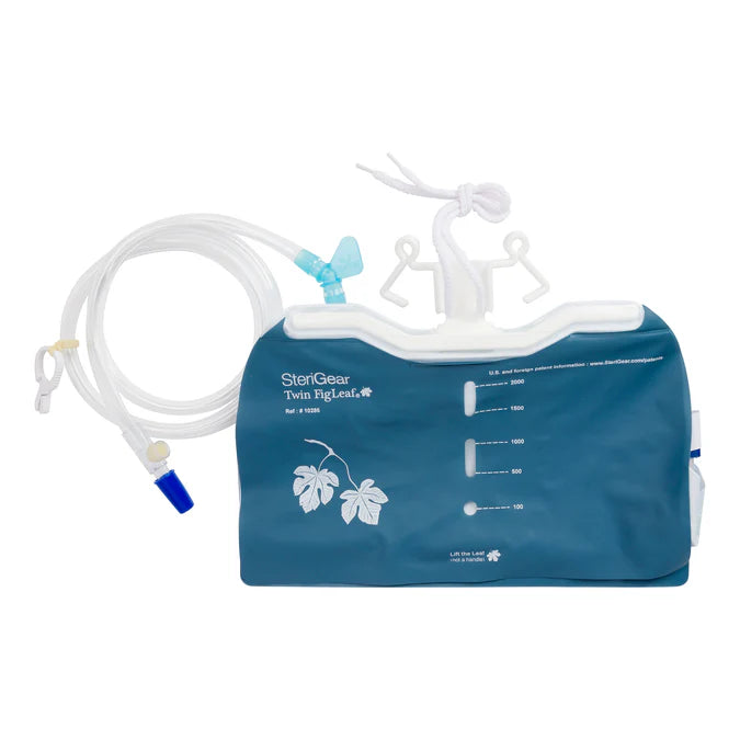 Medical urinary drainage bag with measurement markers, tubing, and hanger, on white background
