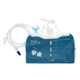 Medical urinary drainage bag with measurement markers, tubing, and hanger, on white background