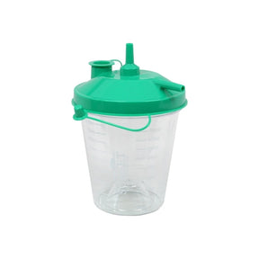 Clear medical suction canister with green lid for hospital or home medical use