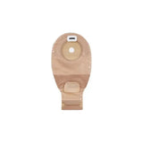 Beige ostomy pouch with adhesive barrier and closure tab for medical supply needs