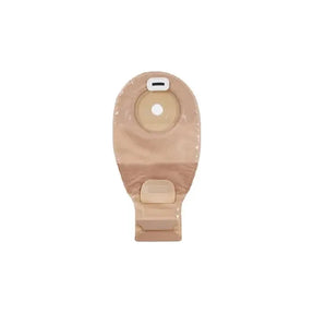 Beige ostomy pouch with adhesive barrier and closure, medical supply for stoma care