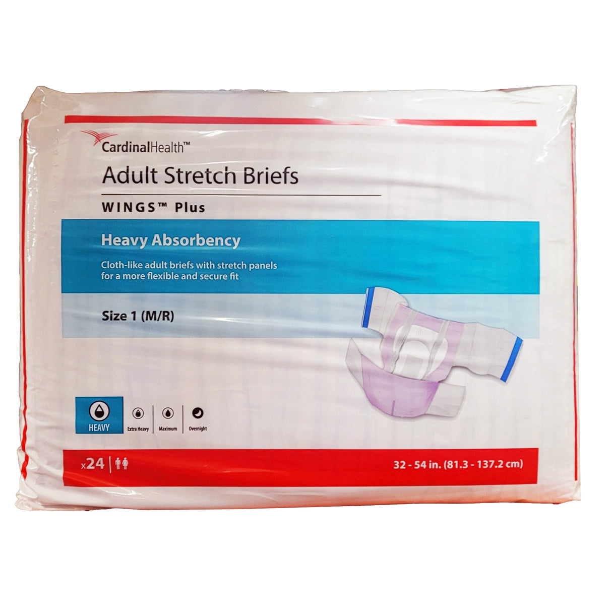 Adult Stretch Brief, Wings Plus - Heavy Absorbency, Size 1 (m/r) - Waist Size 32" - 54"