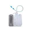 Medical urine drainage bag with measurement markings and attached tubing on white background