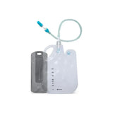 Medical urine drainage bag with measurement markings and attached tubing on white background
