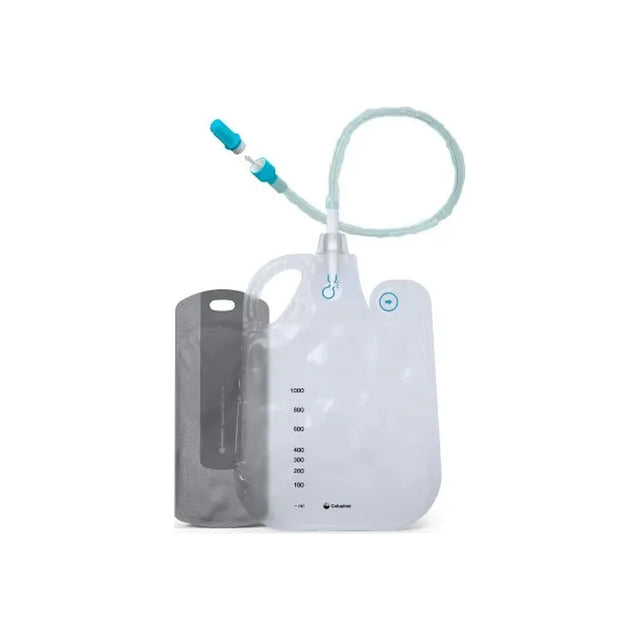 Medical urine drainage bag with measurement markings and attached tubing on white background