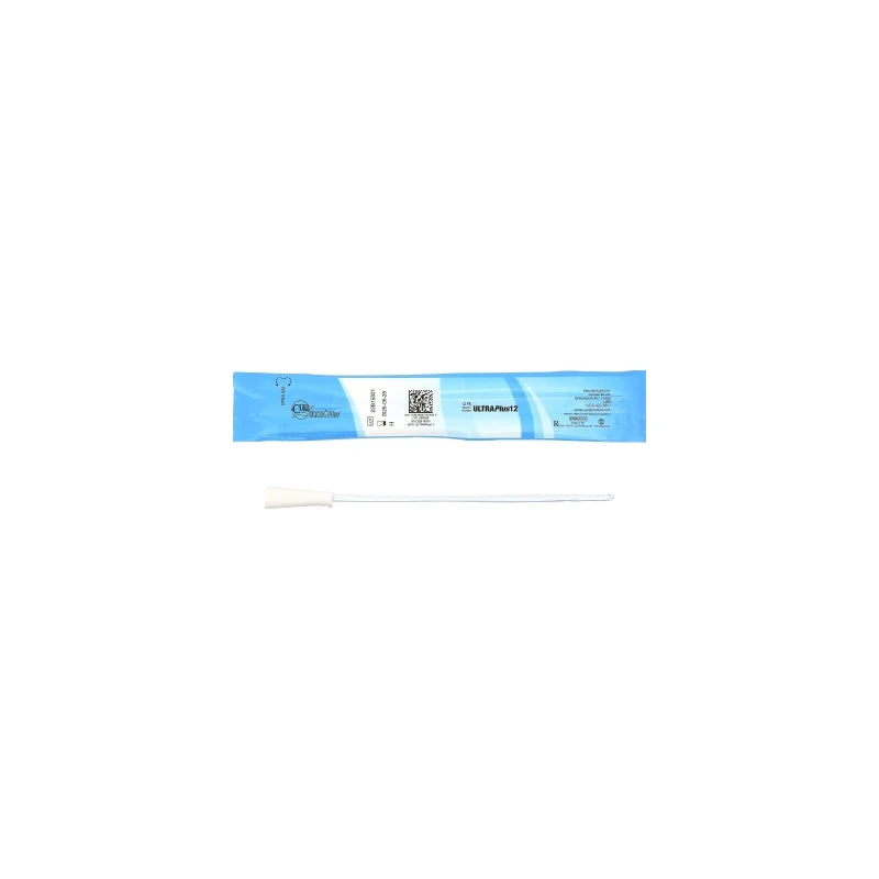 Sterile medical catheter and blue packaging on white background