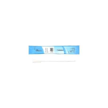 Sterile medical catheter and blue packaging on white background
