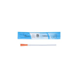 Sterile intermittent catheter with orange connector and blue packaging for medical use
