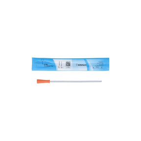 Sterile intermittent catheter with orange connector and blue packaging for medical use