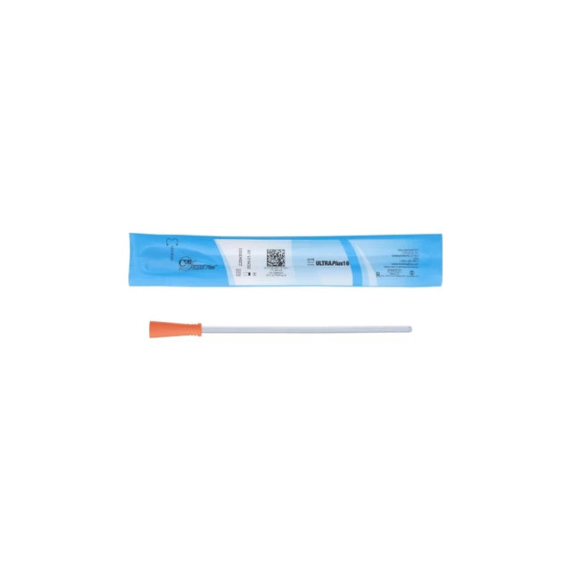 Sterile intermittent catheter with orange connector and blue packaging for medical use