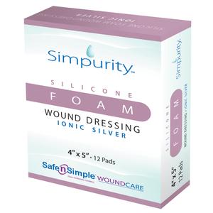 Simpurity silicone foam wound dressing box, ionic silver, 4x5 inch, 12 pads