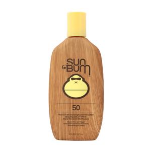 Sun Bum SPF 50 sunscreen lotion bottle with yellow cap and woodgrain design