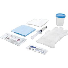 Medical supply kit with gloves, syringe, gauze, cleansing pads, and specimen container