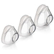 Set of three clear CPAP nasal masks in small, medium, and large sizes on white background