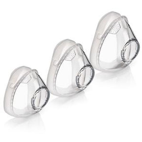 Set of three clear CPAP nasal masks in small, medium, and large sizes on white background