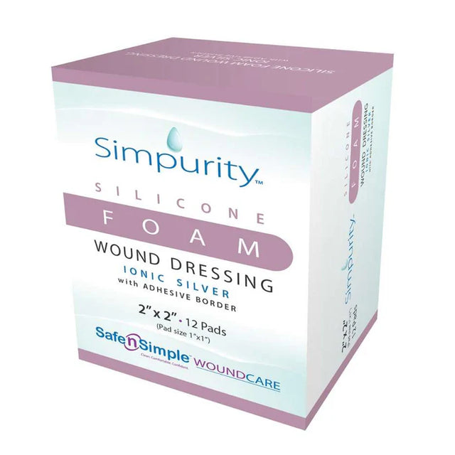 Simpurity silicone foam wound dressing with adhesive border, 2x2 inch, box of 12 pads