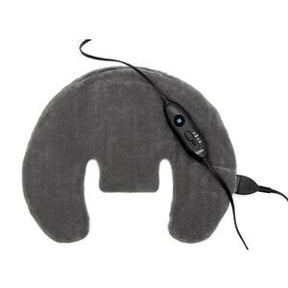 Gray electric heating pad with attached controller for neck and shoulder pain relief