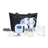 Electric breast pump kit with bottles, flanges, power adapter, and carrying bag