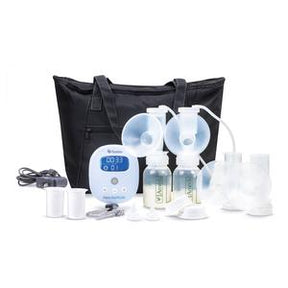 Electric breast pump kit with bottles, flanges, power adapter, and carrying bag