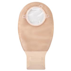 Beige ostomy bag for medical use with transparent closure and plastic ring