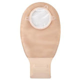 Beige ostomy bag for medical use with transparent closure and plastic ring