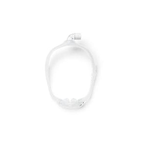Minimal nasal CPAP mask frame with soft silicon cushion, viewed from above on white background