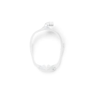 Minimal nasal CPAP mask frame with soft silicon cushion, viewed from above on white background