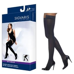 Medical compression hosiery black thigh-high stockings with packaging, women’s support stockings