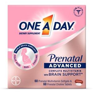 One A Day Prenatal Advanced multivitamin box with brain support, folic acid, DHA, choline