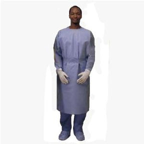 Person wearing disposable medical gown, gloves, and shoe covers for healthcare protection