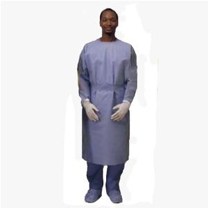Person wearing disposable medical gown, gloves, and shoe covers for healthcare protection