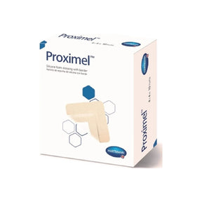 Box of Proximel silicone foam dressing with border, wound care medical supply.