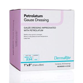 Petrolatum gauze dressing box for wound care, DermaRite, 1x8 inch, 50 sterile dressings