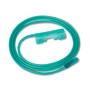 Green oxygen extension tubing for medical respiratory equipment on white background
