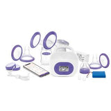Electric breast pump kit with bottles, accessories, and smartphone app, white and purple