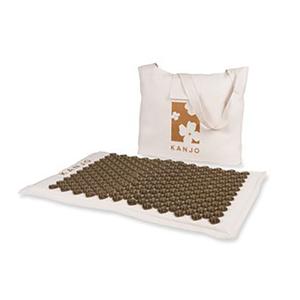 Acupressure mat with brown spikes and matching carry bag for pain relief and relaxation