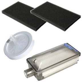 Medical equipment filters including foam and inline air or oxygen filters on white background