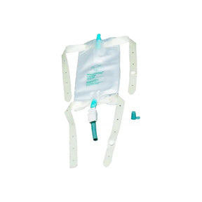 Medical leg drainage bag with adjustable straps and green tubing for home care use