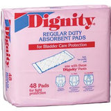 Package of Dignity regular duty absorbent pads for bladder care, 48 light protection pads.