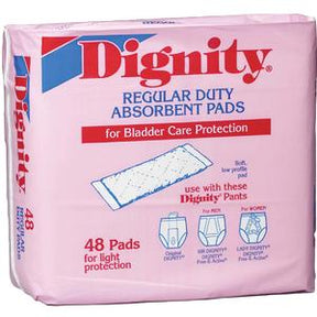 Package of Dignity regular duty absorbent pads for bladder care, 48 light protection pads.
